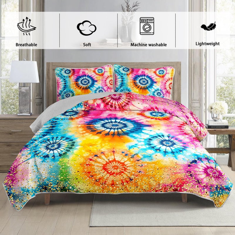 UEVBF Colorful Tie Dye Quilt Sets Queen Size,Bohemian Art Style Watercolor Bedding for Adults Kids Girls Boys Teens Bedroom,Soft Lightweight Microfiber Quilt with 2 Pillowcases. - Image 3