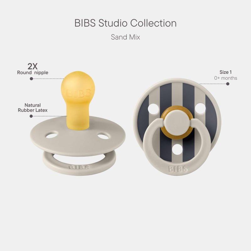 BIBS Pacifiers - Studio 2 Pack | Round Nipple Baby Pacifier | BPA Free Natural Rubber Latex Soother | Made in Denmark | Size 0+ Months | Block Sand - Image 2