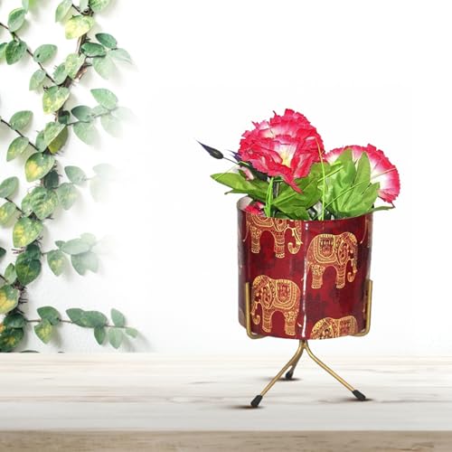 CINAGRO Metal Flower Vase Planter Pot with Iron Stand, Pots for Plants, Plant Pots for Home Decoration, Succulent Pot, Indoor Planter Balcony Garden Decor (Size: 6X6 inch) Style: Cardinal Charm - Image 1