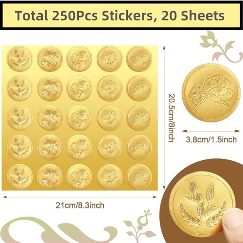Xfopz 250 Pieces Flower Style Gold Embossed Envelope Seals Stickers Adhesive Seal Stickers Vintage Embossed Foil Certificate Seal Plant DIY Labels for Wedding Invitations Envelopes - Image 2