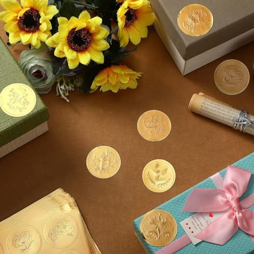 Xfopz 250 Pieces Flower Style Gold Embossed Envelope Seals Stickers Adhesive Seal Stickers Vintage Embossed Foil Certificate Seal Plant DIY Labels for Wedding Invitations Envelopes - Image 5