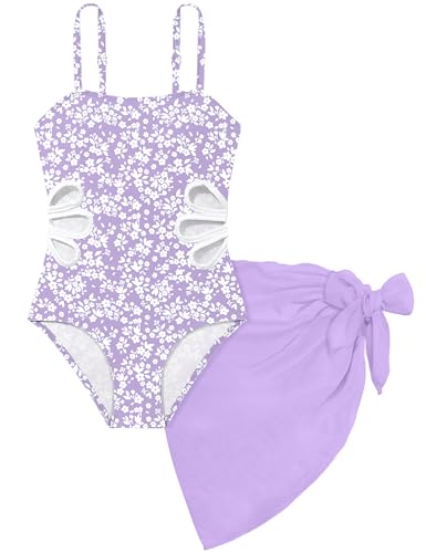 TALLWH Girls Bathing Suits Size 7-8 Adjustable Straps Cut Out One Piece Swimsuit with Solid Color Cover Up Skirt One Piece Bathing Suit Girls Size 8 Swimsuit - Image 1
