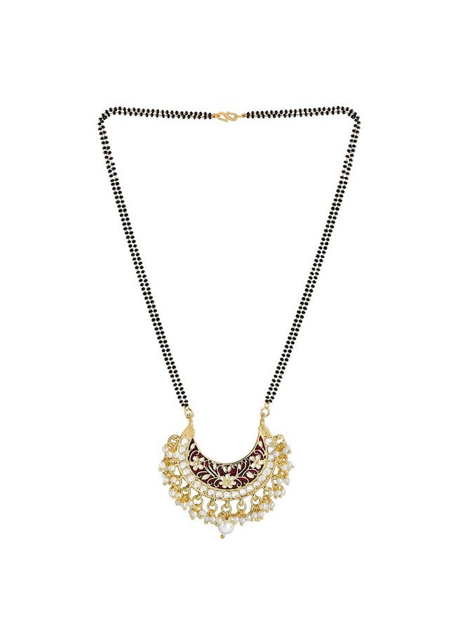 I Jewels I Jewels 18k Gold Plated Traditional Meena Work Pearl Studded Pendant with Black Bead Chain Mangalsutra for Women (D083M)  - Image 2