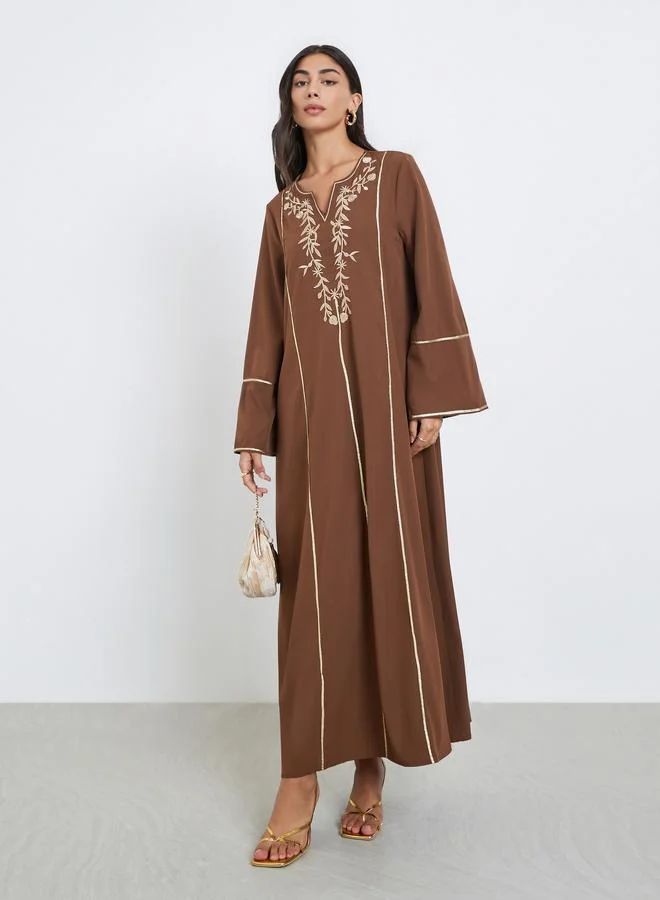 Amirah Brown Embroidered Panel Jalabiya