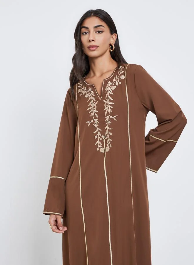 Amirah Brown Embroidered Panel Jalabiya