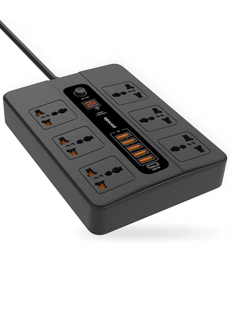 ELTRAZONE - Porodo Universal Power Socket, 6 AC Output 5 USB Port & USB-C PD 18W Multiport Socket, Power HUB Built-in Timer, Fire-Proof Material Power Strip, 200cm Extension Cord, Charging Station (Black) - Image 1