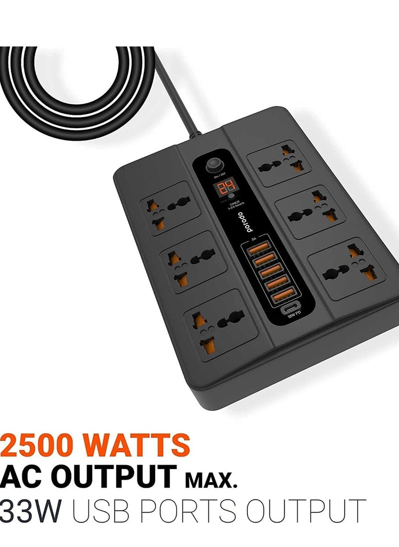 ELTRAZONE - Porodo Universal Power Socket, 6 AC Output 5 USB Port & USB-C PD 18W Multiport Socket, Power HUB Built-in Timer, Fire-Proof Material Power Strip, 200cm Extension Cord, Charging Station (Black) - Image 1