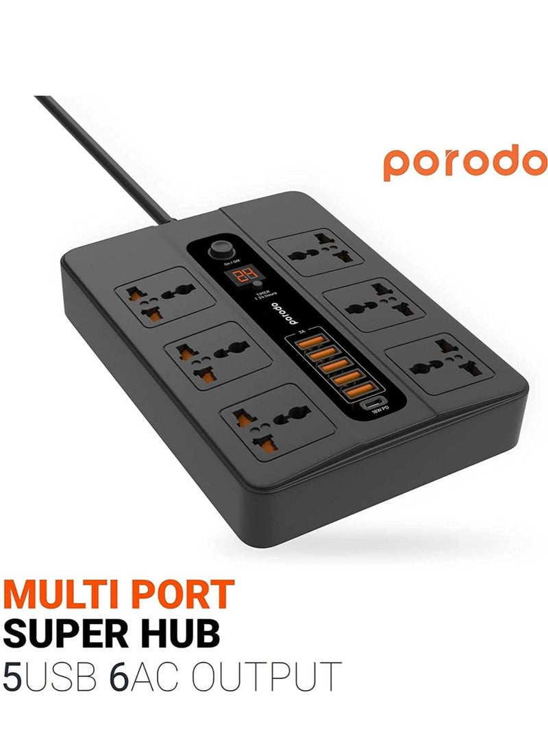 ELTRAZONE - Porodo Universal Power Socket, 6 AC Output 5 USB Port & USB-C PD 18W Multiport Socket, Power HUB Built-in Timer, Fire-Proof Material Power Strip, 200cm Extension Cord, Charging Station (Black) - Image 1