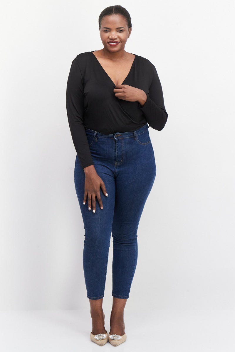 Black Tape Women Plus Size Plain Long Sleeves Bodysuit, Black - Image 4