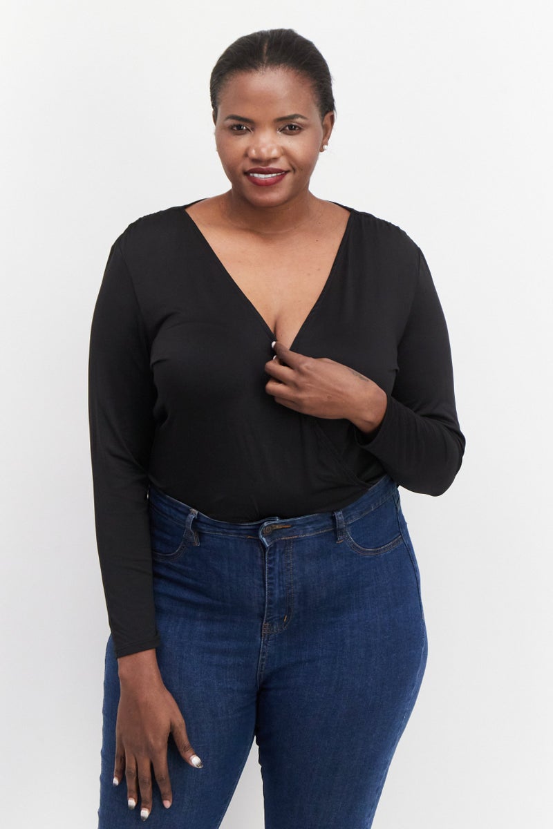 Black Tape Women Plus Size Plain Long Sleeves Bodysuit, Black - Image 1