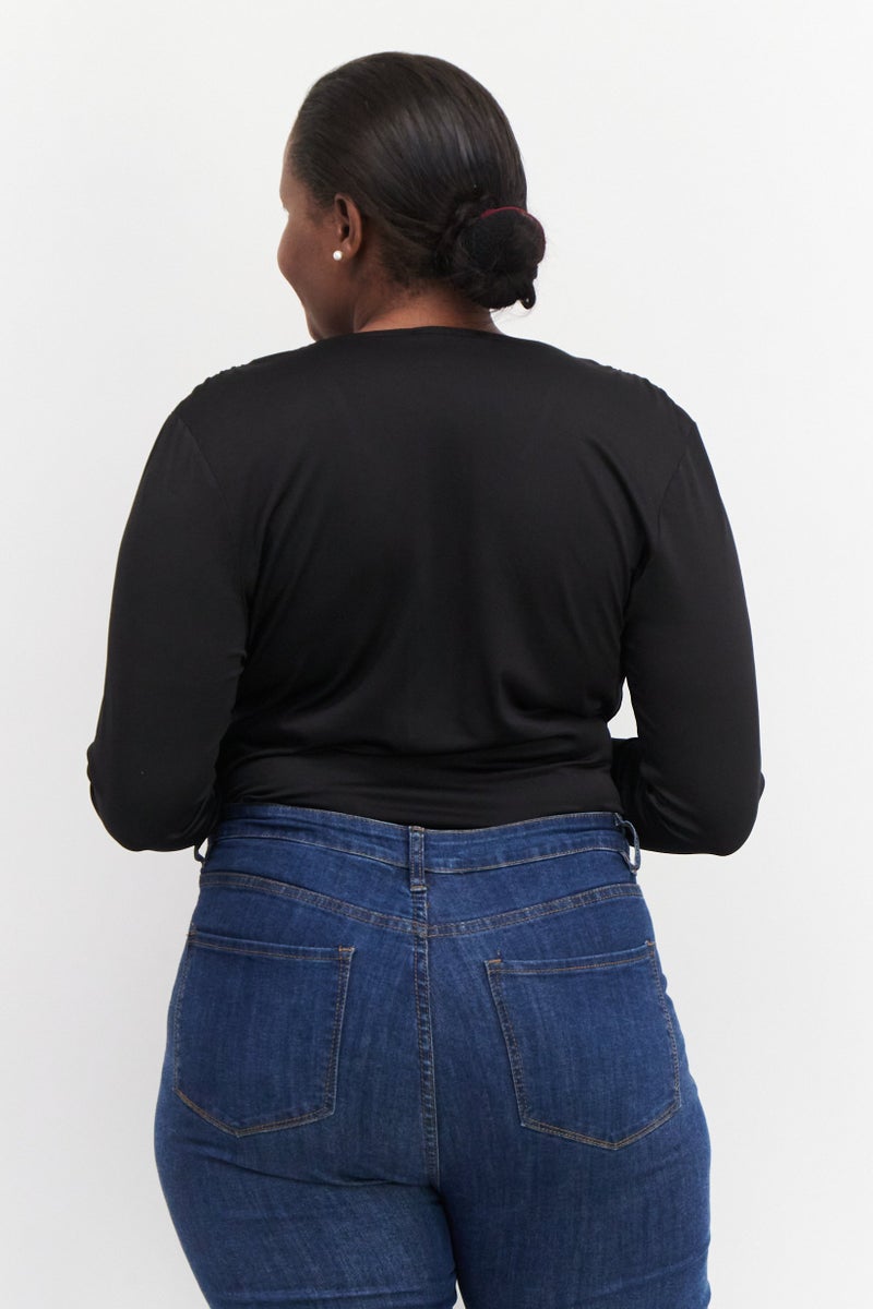 Black Tape Women Plus Size Plain Long Sleeves Bodysuit, Black - Image 3