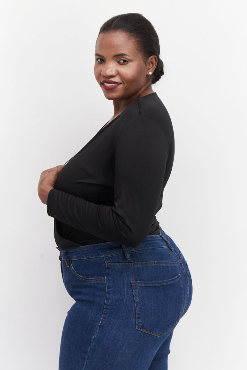 Black Tape Women Plus Size Plain Long Sleeves Bodysuit, Black - Image 2