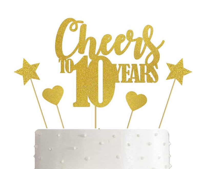 SVM CRAFT® Cheers to 10 Years Cake Topper/Happy 10th Birthday Cake Decorations/Happy 10th Anniversary Party Supplies Gold Glitter - Image 1
