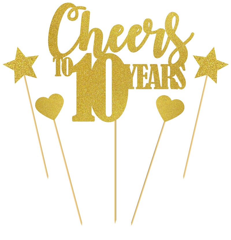 SVM CRAFT® Cheers to 10 Years Cake Topper/Happy 10th Birthday Cake Decorations/Happy 10th Anniversary Party Supplies Gold Glitter - Image 2