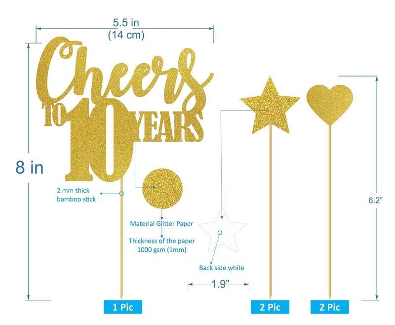 SVM CRAFT® Cheers to 10 Years Cake Topper/Happy 10th Birthday Cake Decorations/Happy 10th Anniversary Party Supplies Gold Glitter - Image 3