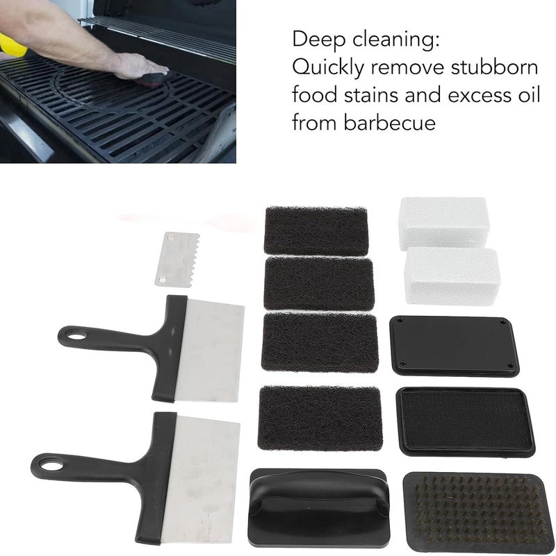 Griddle Washing Kit, Stainless Steel Scraper and Washing Brick Anti Hot Handle Sponge Cloth Multifunctional BBQ Cleaner for Griddle (14Pcs) - Image 3