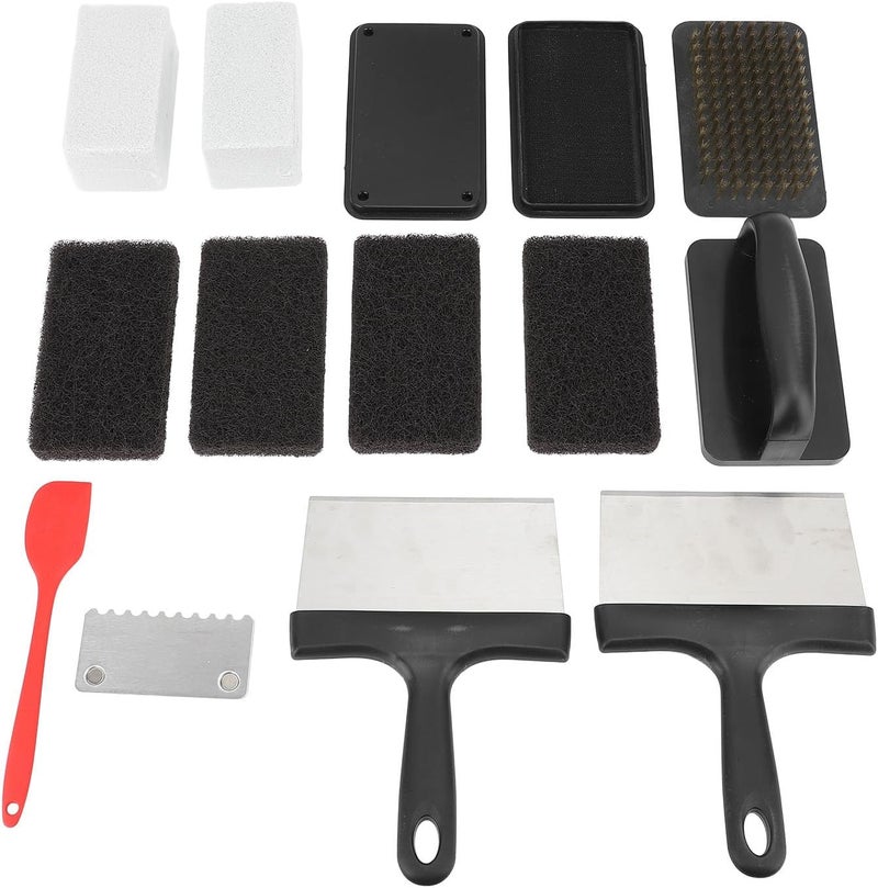 Griddle Washing Kit, Stainless Steel Scraper and Washing Brick Anti Hot Handle Sponge Cloth Multifunctional BBQ Cleaner for Griddle (14Pcs) - Image 1