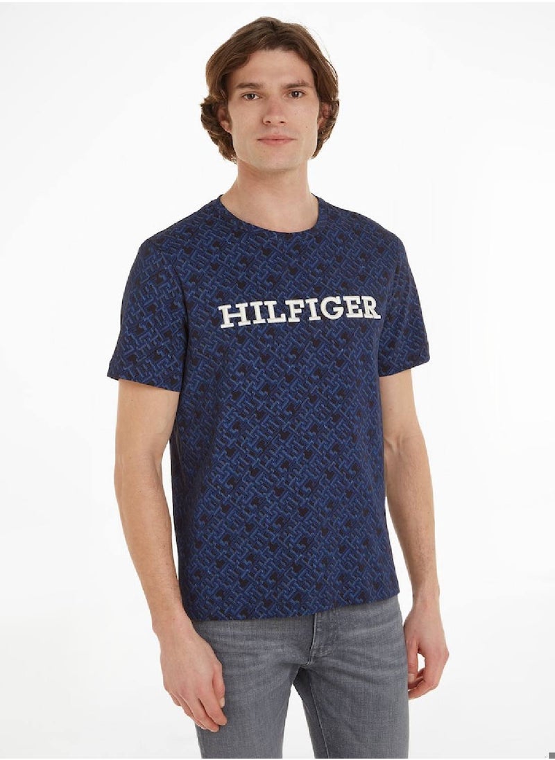 TOMMY HILFIGER Men's Monogram All-Over Print Logo Crew Neck T-Shirt -  Cotton, Blue  - Image 1
