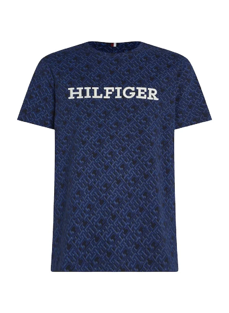 TOMMY HILFIGER Men's Monogram All-Over Print Logo Crew Neck T-Shirt -  Cotton, Blue