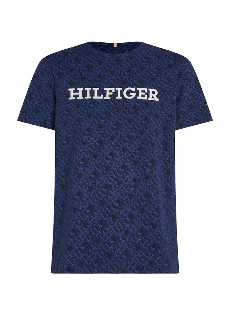 TOMMY HILFIGER Men's Monogram All-Over Print Logo Crew Neck T-Shirt -  Cotton, Blue  - Image 2