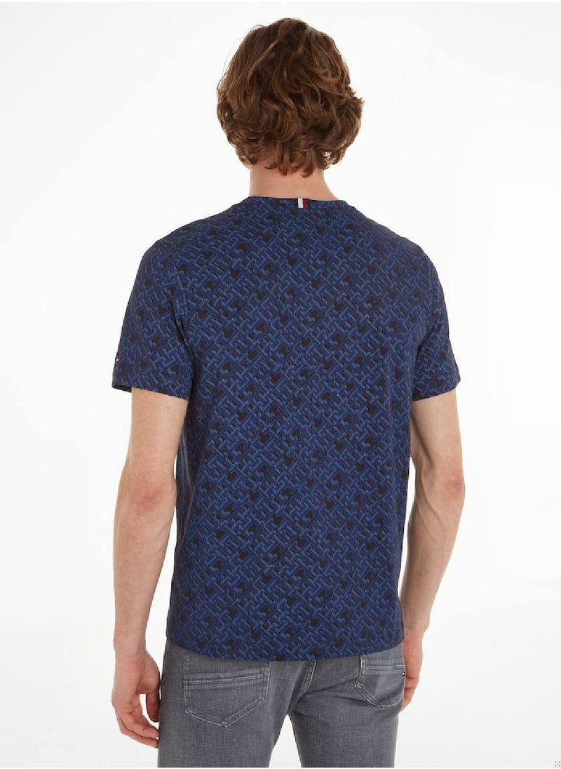 TOMMY HILFIGER Men's Monogram All-Over Print Logo Crew Neck T-Shirt -  Cotton, Blue  - Image 3