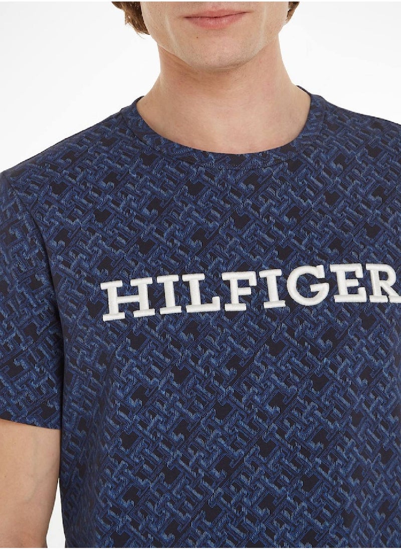 TOMMY HILFIGER Men's Monogram All-Over Print Logo Crew Neck T-Shirt -  Cotton, Blue  - Image 5