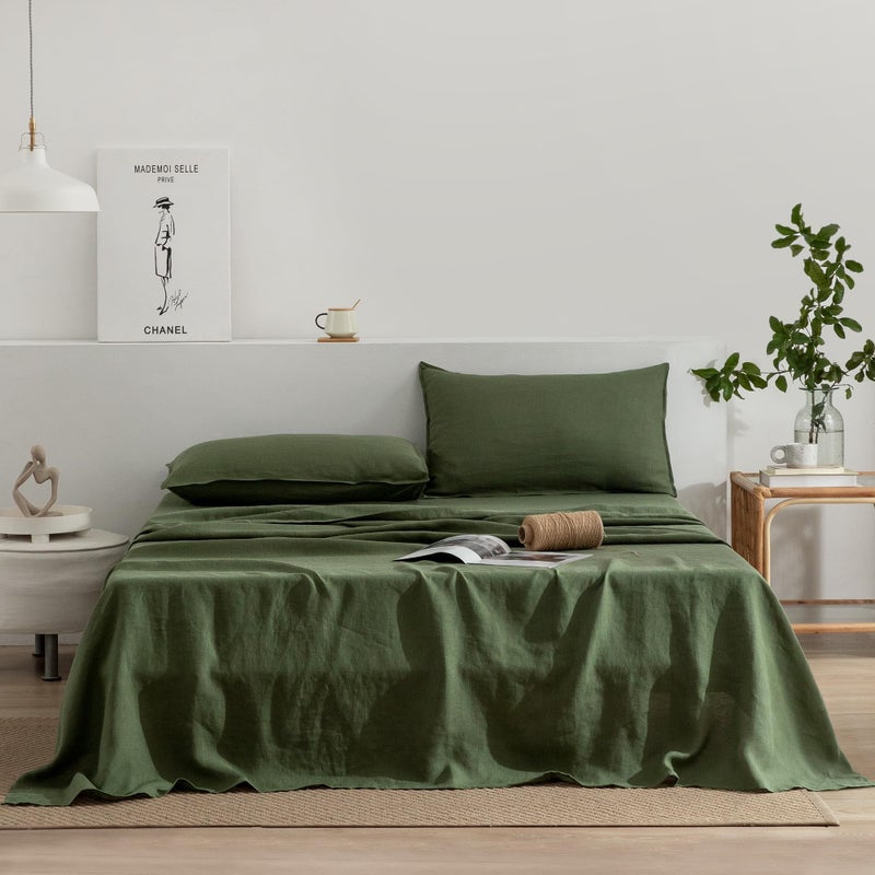 EVERLY Linen Queen Sheets Set, 100% Stonewashed French Linen Bed Sheets Deep Pocket Sheets, 4 Pieces (1 Flat Sheet, 1 Fitted Sheet, 2 Pillowcases) Natural Flax Bedding Set-Mossy Green - Image 1