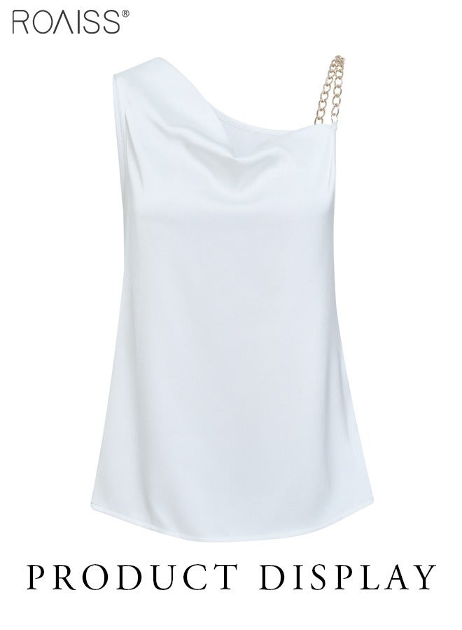 roaiss سترة صيفية عصرية من الساتان للنساء متعددة الاستخدامات بدون أكمام وسلسلة معدنية وحزام كتف للتنقل اليومي - Image 4