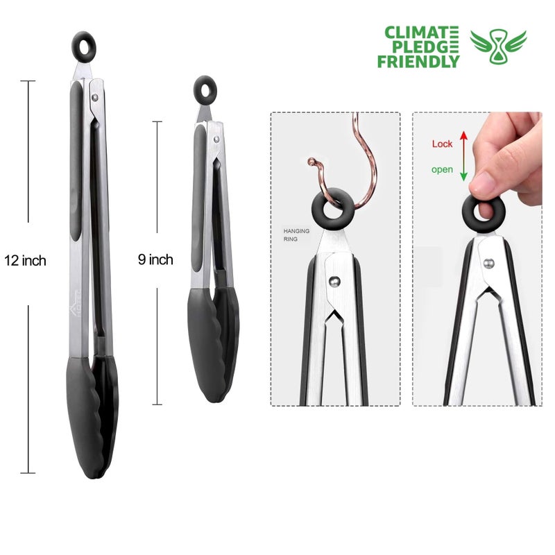 HOTEC Premium Stainless Steel Locking Kitchen Tongs with Silicon Tips, Set of 2-9" and 12" - Image 2