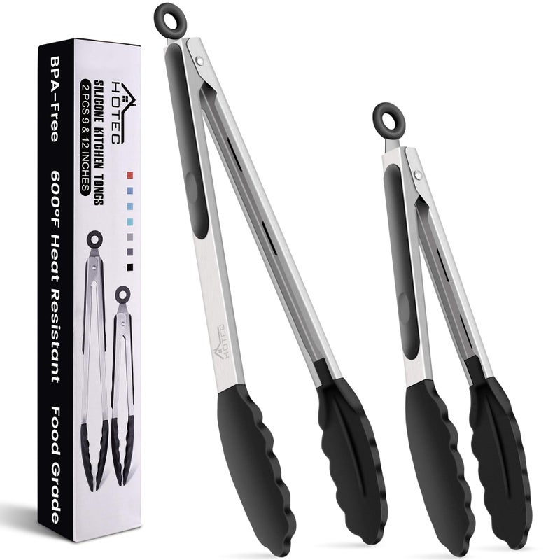 HOTEC Premium Stainless Steel Locking Kitchen Tongs with Silicon Tips, Set of 2-9" and 12" - Image 1