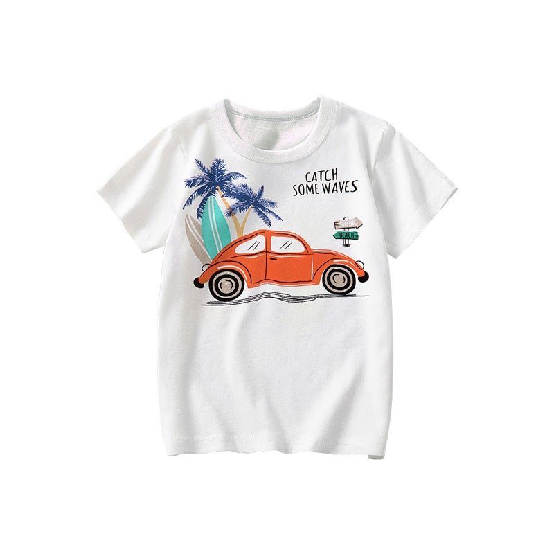 Children'S Clothing 2025 Summer Clothing Boys White Short-Sleeved Boys Trendyy Kidsren'S T-Shirt Cartoon Car Pattern Summer Half-Sleeved - Image 1