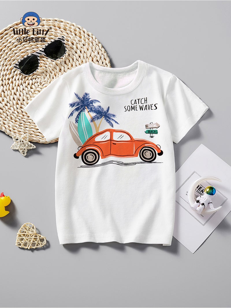 Children'S Clothing 2025 Summer Clothing Boys White Short-Sleeved Boys Trendyy Kidsren'S T-Shirt Cartoon Car Pattern Summer Half-Sleeved - Image 2