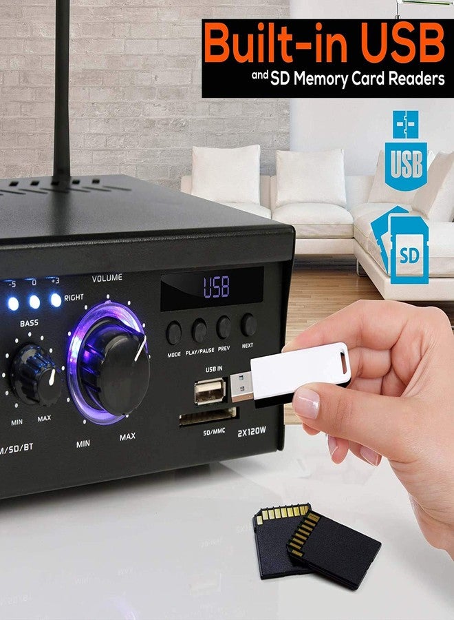 بايلي بايل - مضخم صوت بقوة 2 × 120 واط، نظام استقبال بلوتوث منزلي، مع شاشة LED زرقاء، منفذ USB/SD، منفذ AUX، منفذ RCA، منفذ سماعة رأس، جهاز تحكم عن بعد - Image 5