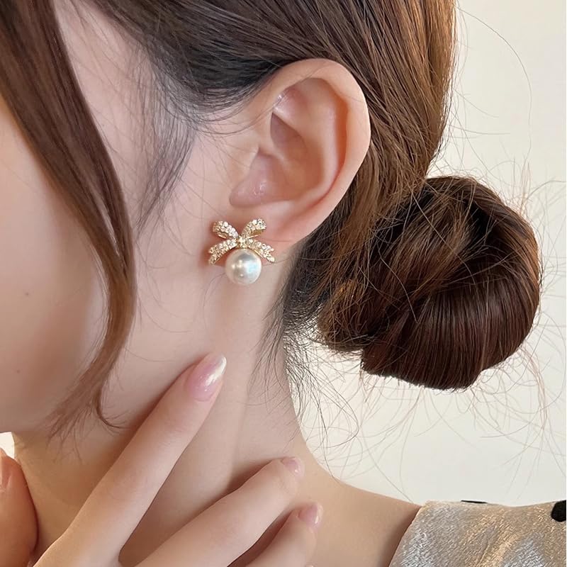 ecozran Dainty Pearl Bow Earrings Pearl Rhinestone Stud Earrings Christmas Party Holiday Jewelry Gifts for Women (Gold Bow-J) - Image 5