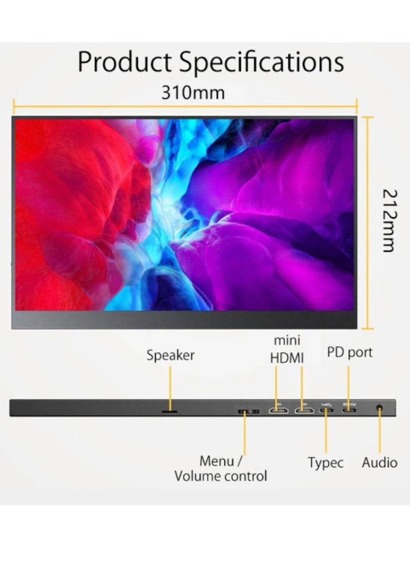 HILUKE - 2.5K 60Hz 14'' Portable Gaming Monitor, FreeSync Compatible, 10Bit, HDR, Dual Speakers, HDMI USB-C, PC/PS5/Switch/XBOX, Built-in Kickstand with Cover, for Home/Office/Esports - Image 1