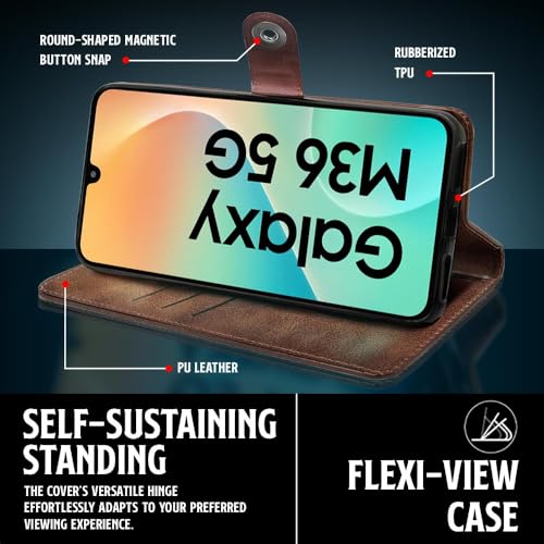 WOW IMAGINE Shock Proof Flip Cover Back Case for Samsung Galaxy M36 5G | Samsung Galaxy F36 5G (Magnetic Button Flip Case | Wallet Pockets & Stand | Leather Finish | Coffee) - Image 5