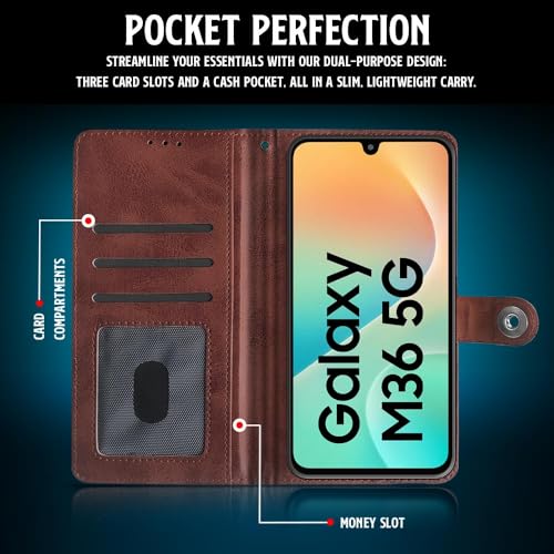 WOW IMAGINE Shock Proof Flip Cover Back Case for Samsung Galaxy M36 5G | Samsung Galaxy F36 5G (Magnetic Button Flip Case | Wallet Pockets & Stand | Leather Finish | Coffee) - Image 3