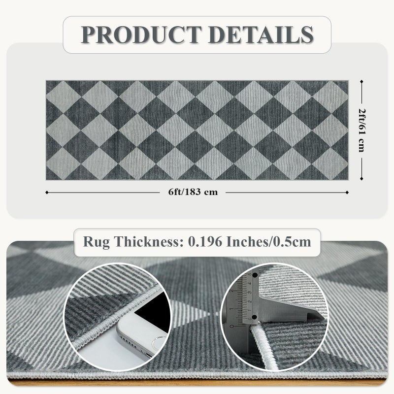 Beeiva Checkered Print Hallway Rug 2x6, Ultra Thin Kitchen Rug Runner Non Slip Washable Carpet Runners for Hallway 6ft, Modern Diamond Stain Resistant Floor Carpet for Bathroom Bedroom Entryway - Image 5