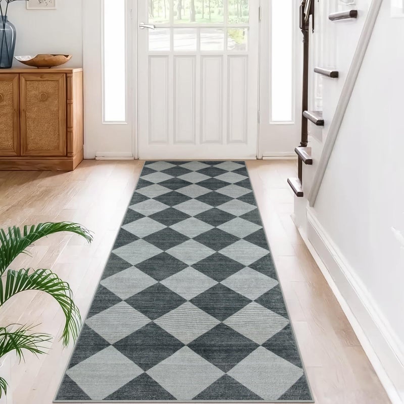 Beeiva Checkered Print Hallway Rug 2x6, Ultra Thin Kitchen Rug Runner Non Slip Washable Carpet Runners for Hallway 6ft, Modern Diamond Stain Resistant Floor Carpet for Bathroom Bedroom Entryway - Image 2