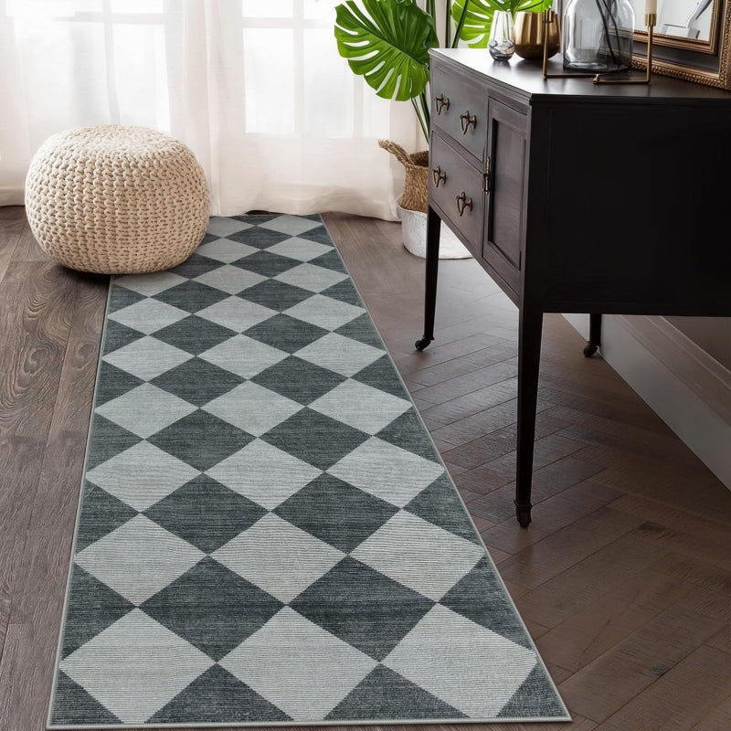 Beeiva Checkered Print Hallway Rug 2x6, Ultra Thin Kitchen Rug Runner Non Slip Washable Carpet Runners for Hallway 6ft, Modern Diamond Stain Resistant Floor Carpet for Bathroom Bedroom Entryway - Image 1