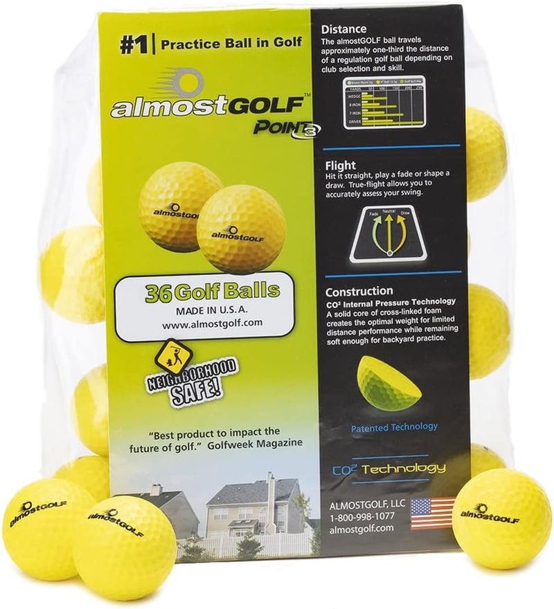 Practice Golf Balls for Golf Training. Made by . Feel Solid Contact for Great Feedback. Limited Flight for Backyard use. Safe for Indoors. A Golfer Must Have (36 Pack Yellow with 5 Tees)