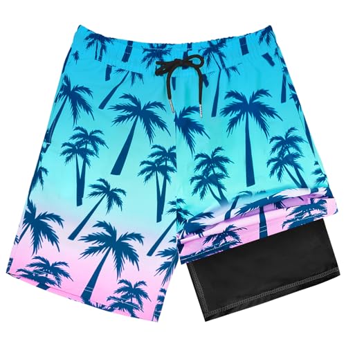 OlyPegic Boys Swim Trunks Size 10-12, Boy Swim Shorts Boy Bathing Suit Swimsuit Kids Swimwear Board Shorts with Boxer Brief Liner Compression Toddler Beach Running Swim Trunks (Coconut Tree) - Image 1