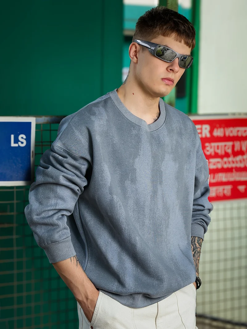 Maniac  Maniac Mens Spray Printed Full Sleeve Round Light Grey Cotton Fleece Sweatshirt for Men | Best Price UAE