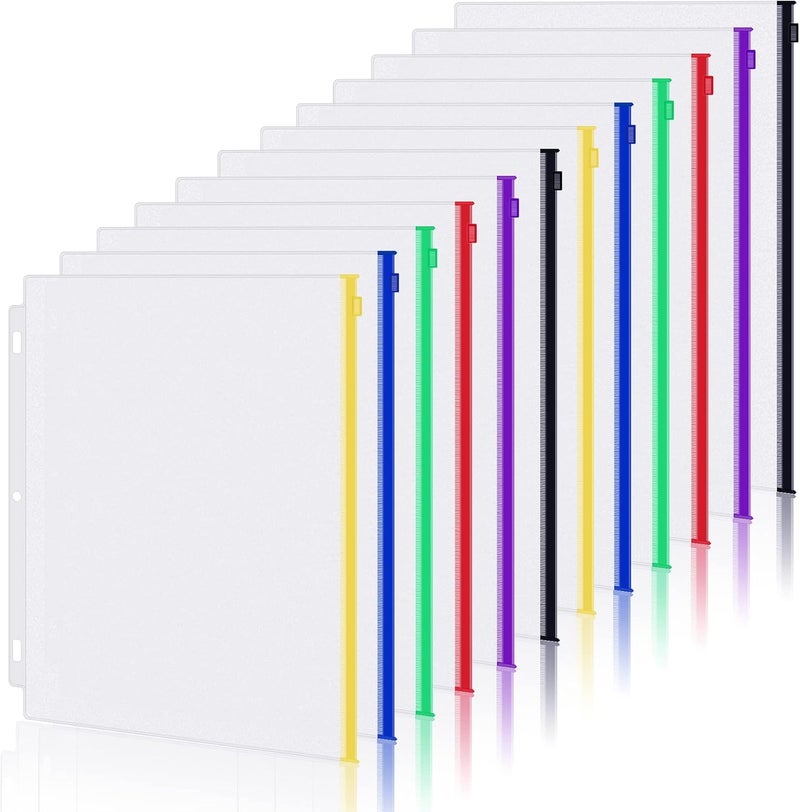 Antner 12 Pack Letter Size Binder Pockets 3 Ring Binder Multicolor Zipper Pouches Document Organizer, PVC 3-Hole Loose Leaf File Folders Insert Sleeves Page Sheet Protectors Business Office Supplies - Image 1