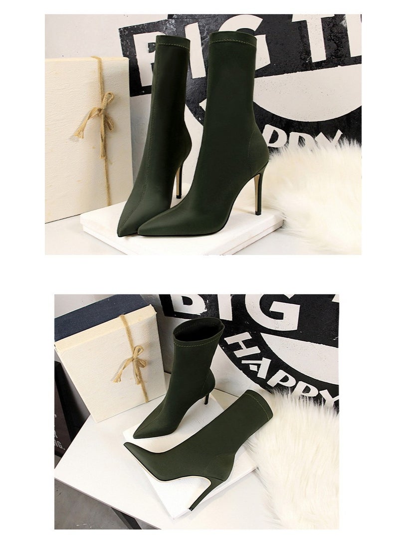 SIKETU - European And American Simple Women's Boots Slim Heel Pedicure Thin Pointed Lycra Elastic Ankle Boots Green - Image 1