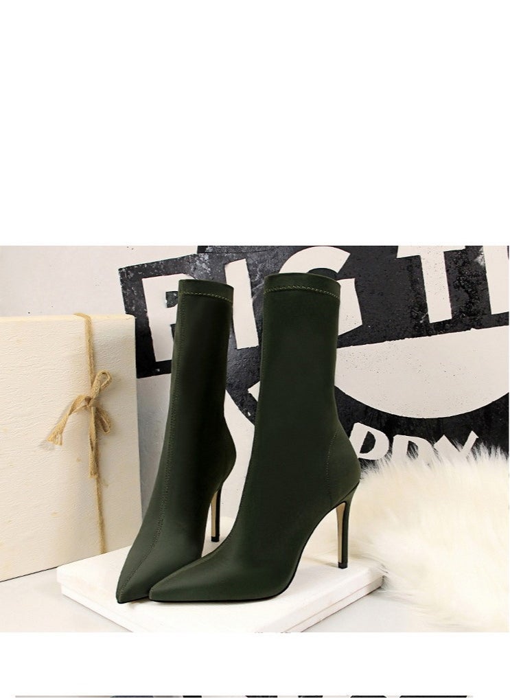 SIKETU - European And American Simple Women's Boots Slim Heel Pedicure Thin Pointed Lycra Elastic Ankle Boots Green - Image 1