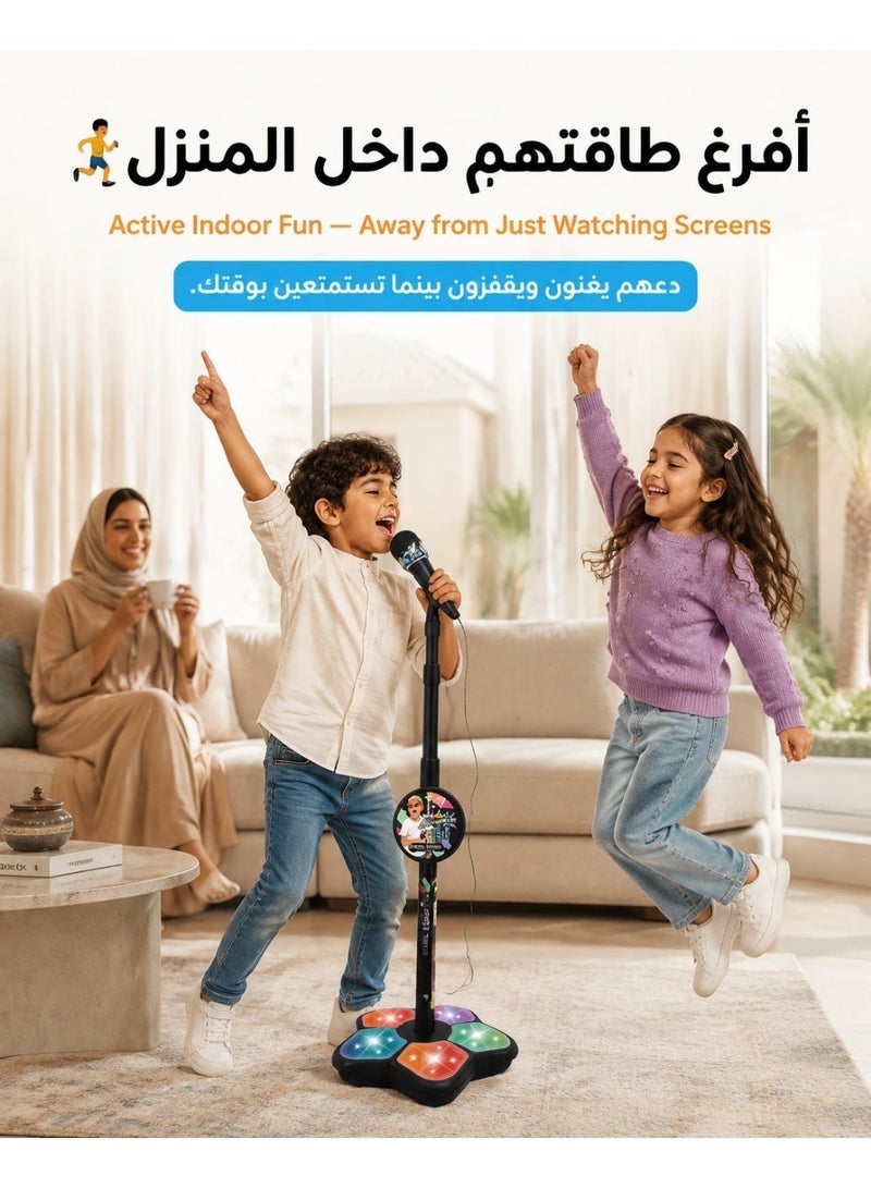 ميكروفون قائم للأطفال مع حامل - إمكانية التوصيل بالهاتف الذكي، إضاءة مبهرة وارتفاع قابل للتعديل، لعبة كاريوكي تفاعلية موسيقية تعليمية هدية للأولاد والبنات - Image 3