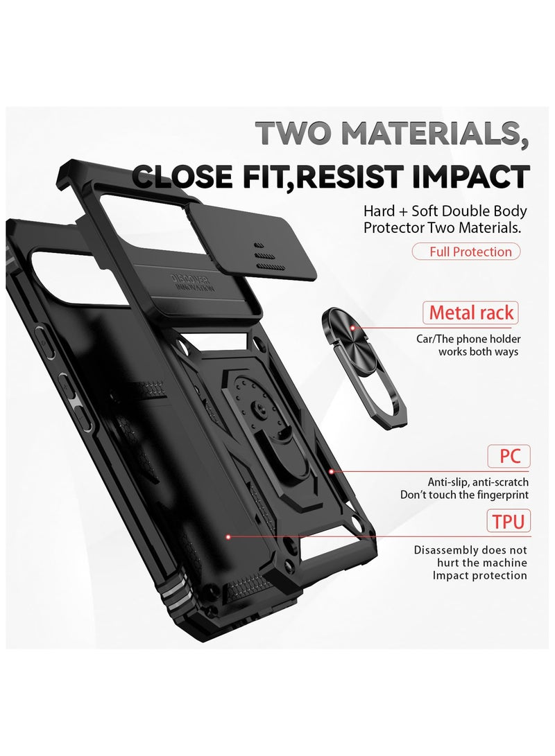 Case Cover for Google Pixel 9 Pro XL, Slide Camera Lens Cover + 360°Rotating Kickstand Ring + Support Magnetic Car Mount Shockproof Mobile Phone Case For Google Pixel 9 Pro XL, Black - Image 3