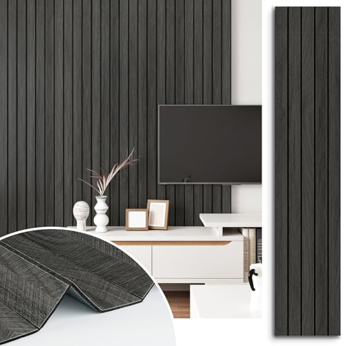 STICKEEP GreyBlack 3D Wood Panels for Wall Decor 197x118 Peel and Stick Faux Wood Wall Panel Self Adhesive Soundproof Wooden Slats Paneling Wallpaper for Living Room Bedroom Office Work Shop - Image 1