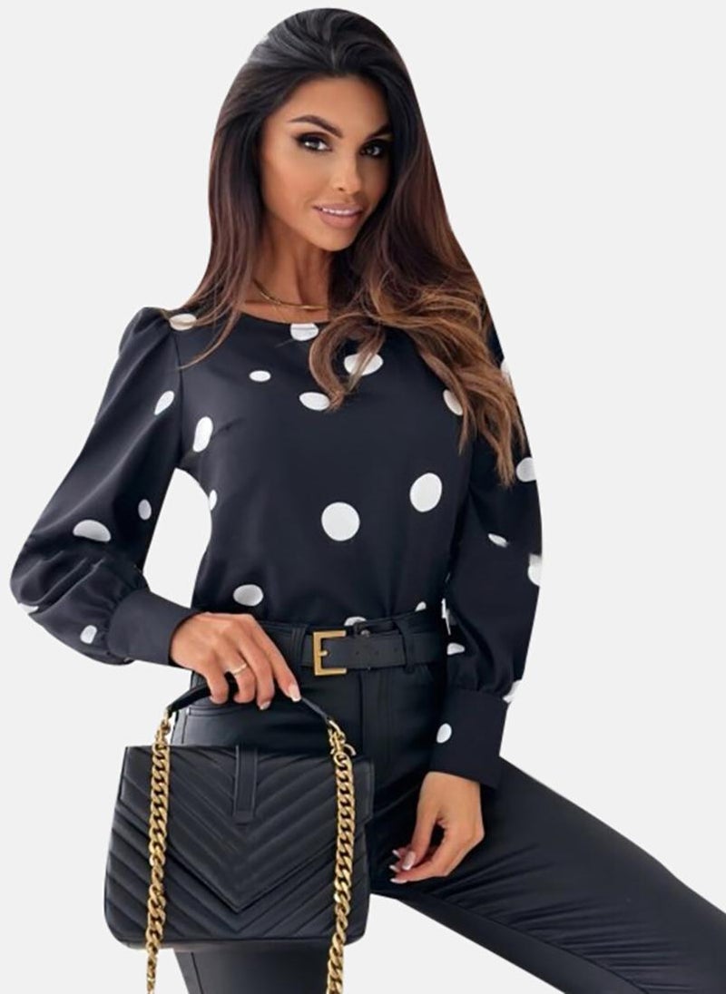 يونيكي بلوزات طويلة بأكمام طويلة ورقبة مربعة ونقاط سوداء - Image 1